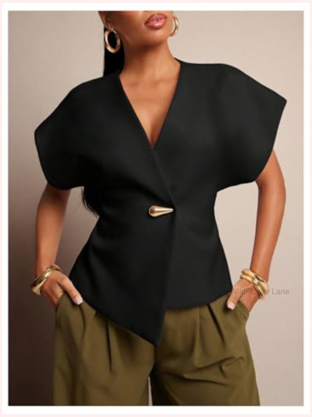 Women's V Neck Asymmetrical Blouse Short Sleeve Waistcoat Work Tops - Picture 4 of 5